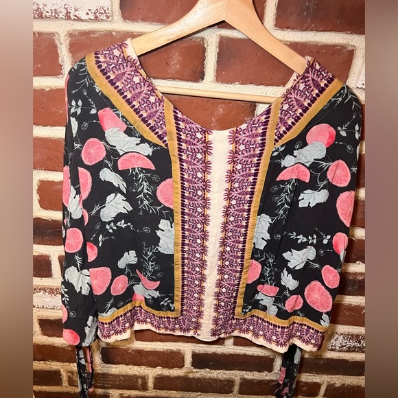 FREE PEOPLE Freshly Squeezed Grapefruit Flowy Boho Button Tie Sleeve Top Small - Picture 10 of 15